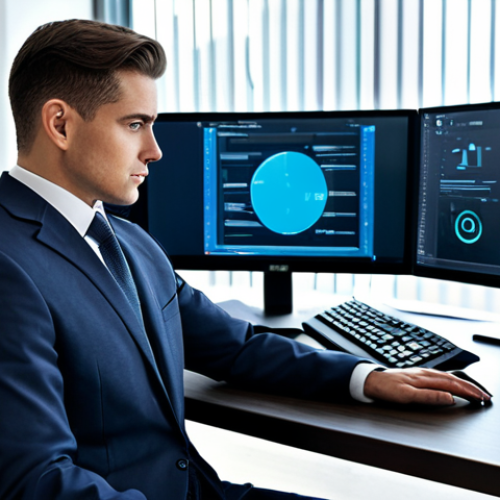 Home 14 A diligent professional individual, wearing a modest business suit, is seated at a sophisticated desk in a high-tech office. On the multiple large monitors, abstract representations of secure data encryption, cloud backup synchronization, and a password manager interface are visible. The atmosphere conveys robust digital security and organized data management, with subtle elements of external hard drives and a NAS device nearby. Fully clothed, appropriate attire, safe for work, perfect anatomy, correct proportions, natural pose, well-formed hands, proper finger count, natural body proportions, professional photography, high quality, appropriate content, professional.