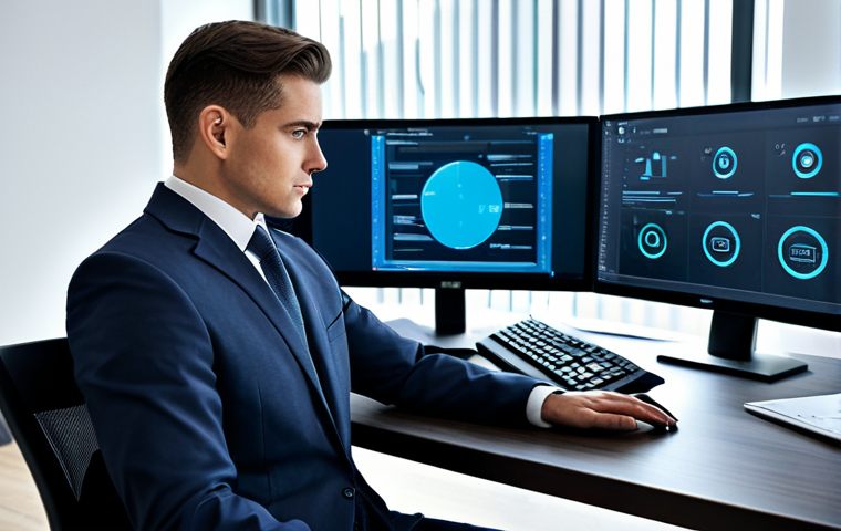 A diligent professional individual, wearing a modest business suit, is seated at a sophisticated desk in a high-tech office. On the multiple large monitors, abstract representations of secure data encryption, cloud backup synchronization, and a password manager interface are visible. The atmosphere conveys robust digital security and organized data management, with subtle elements of external hard drives and a NAS device nearby. Fully clothed, appropriate attire, safe for work, perfect anatomy, correct proportions, natural pose, well-formed hands, proper finger count, natural body proportions, professional photography, high quality, appropriate content, professional.