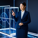 A professional digital economist, a woman with dark, neatly styled hair, wearing a modest, dark blue business blazer and a light shirt, standing beside a translucent holographic display. The display shows an abstract, interconnected network of glowing nodes and lines, representing a blockchain, with symbolic unique digital tokens flowing through it. Her hand is gesturing subtly towards the display, illustrating the concept of digital scarcity. The background is a modern, minimalist innovation lab with soft, ambient lighting. Professional photography, high quality, studio lighting, fully clothed, appropriate attire, modest clothing, professional dress, safe for work, appropriate content, family-friendly, perfect anatomy, correct proportions, natural pose, well-formed hands, proper finger count, natural body proportions.