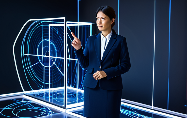 A professional digital economist, a woman with dark, neatly styled hair, wearing a modest, dark blue business blazer and a light shirt, standing beside a translucent holographic display. The display shows an abstract, interconnected network of glowing nodes and lines, representing a blockchain, with symbolic unique digital tokens flowing through it. Her hand is gesturing subtly towards the display, illustrating the concept of digital scarcity. The background is a modern, minimalist innovation lab with soft, ambient lighting. Professional photography, high quality, studio lighting, fully clothed, appropriate attire, modest clothing, professional dress, safe for work, appropriate content, family-friendly, perfect anatomy, correct proportions, natural pose, well-formed hands, proper finger count, natural body proportions.