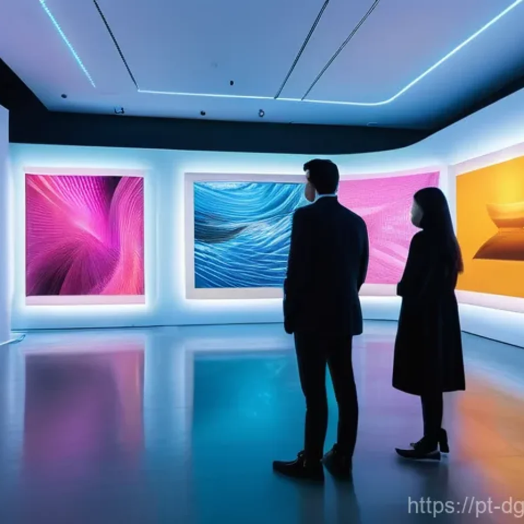 디지털 희소성의 글로벌 비교 연구 - **Prompt 1: Futuristic Digital Art Gallery Experience**
    A wide-angle shot inside a stunning, ult...