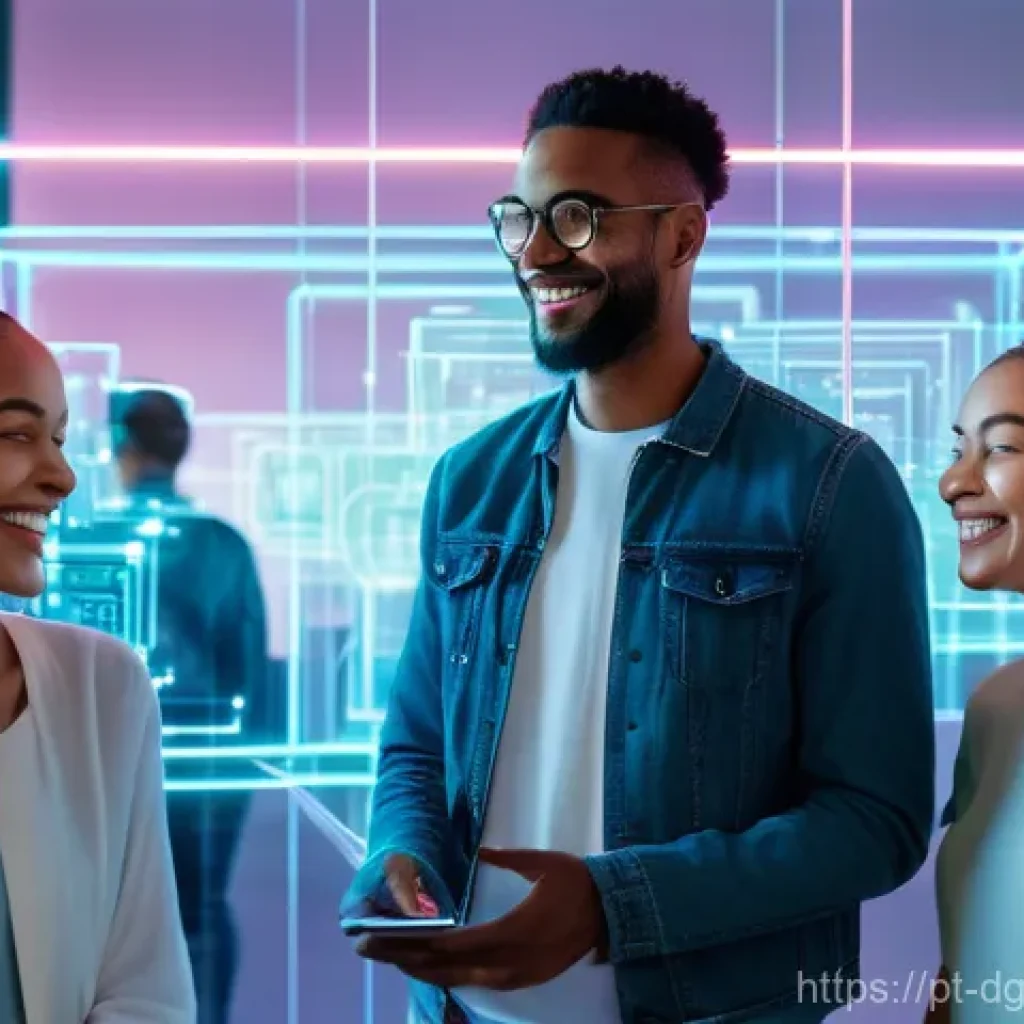 디지털 자산의 희소성 유지 전략 - **"Digital Authenticity and Connection"**: A vibrant, medium shot of a diverse group of young adults...