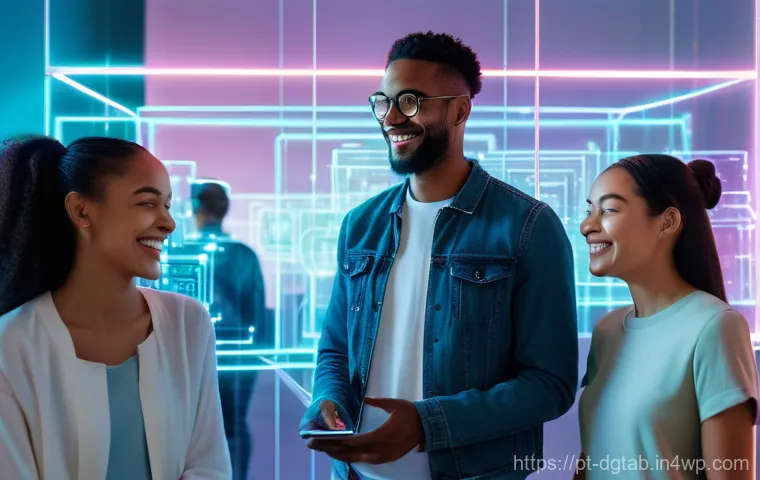 디지털 자산의 희소성 유지 전략 - **"Digital Authenticity and Connection"**: A vibrant, medium shot of a diverse group of young adults...