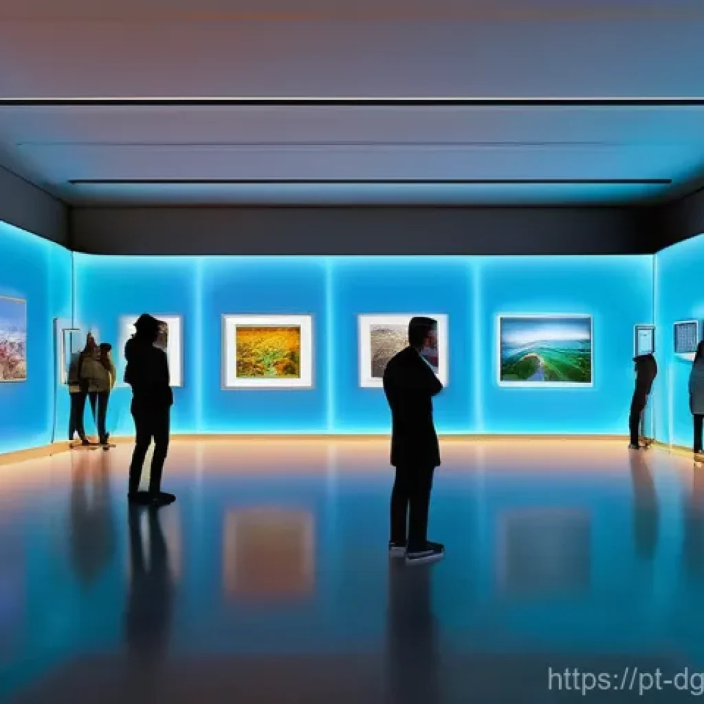 디지털 희소성의 기술적 발전 분석 - **Prompt:** "A majestic, futuristic digital art gallery bathed in soft, ethereal light. Large, vibra...