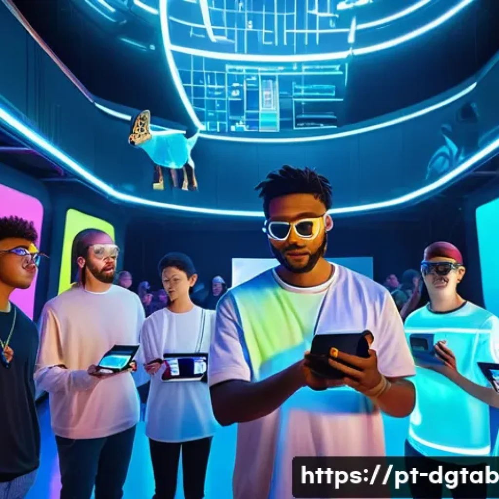 디지털 희소성의 미래 전망 - **Prompt:** "A young, diverse group of digital creators and enthusiasts, all adults wearing trendy, ...