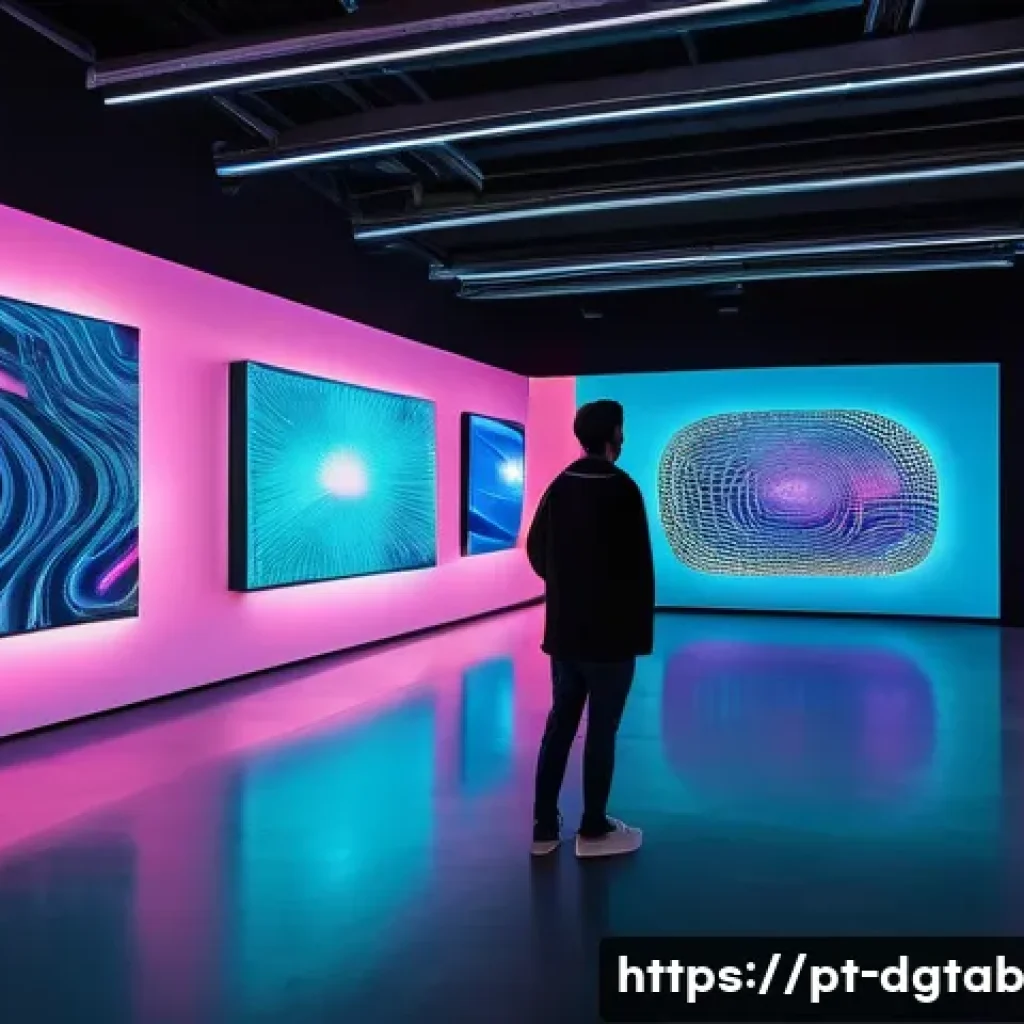 디지털 희소성의 문화적 의미 - **Prompt:** "A bustling, futuristic digital art exhibition set within a grand, luminous virtual gall...