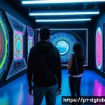 디지털 자산의 희소성과 혁신 - A futuristic digital art gallery set in São Paulo, Brazil, showcasing exclusive NFTs with vibrant ho...