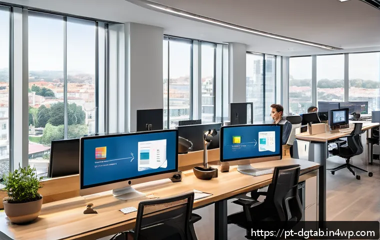 디지털 자산의 가치 결정과 관리 전략 - A modern digital asset management workspace featuring multiple high-resolution screens displaying an...