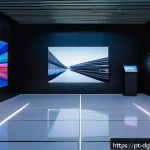 Home 23 디지털 희소성의 시장 가치 변동 - A futuristic digital art gallery showcasing exclusive NFT artworks displayed on sleek transparent sc...